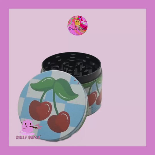 Blue Checkered Cherry Picnic - 50mm 4-Piece High Quality Custom Metal Tobacco Herb Grinder Gift Idea