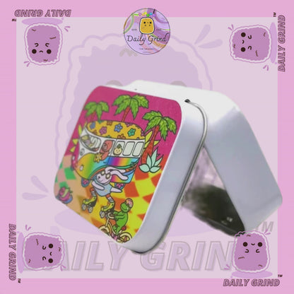 Tropical Sunny Cute Camping Trip Cartoon 1oz White / Crystal / Jewellery / Coins / Bits & Pieces / Hide / Money / Make-Up 1oz Black Hinge Lid Tin Box Gift - 9.5 x 6.2 x 2 cm - Cute Funny Metal Organiser Gift Idea