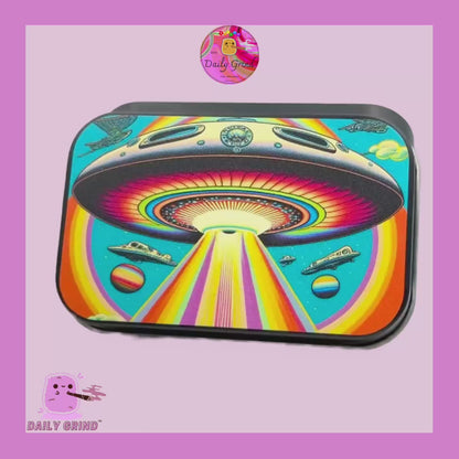 Colourful UFO Alien Abduction - 1oz Black / Crystal / Jewellery / Coins / Bits & Pieces / Hide / Money / Make-Up 1oz Black Hinge Lid Tin Box Gift - 9.5 x 6.2 x 2 cm - Cute Funny Metal Organiser Gift Idea