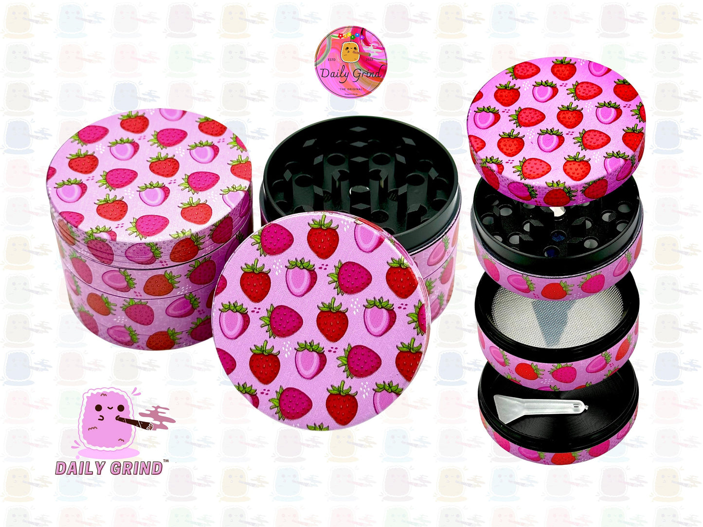 Fruit Candy Strawberry Cute Colourful Pink Cartoon Juicy Fruit Flavour - 50mm 4-Piece High Quality Metal Kitchen Herb Grinder Gift Idea