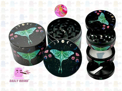 Lunar Moth Flowers Dark Night Moon Cycle - 50mm 4-Piece High Quality Metal Kitchen Herb Grinder Gift Idea