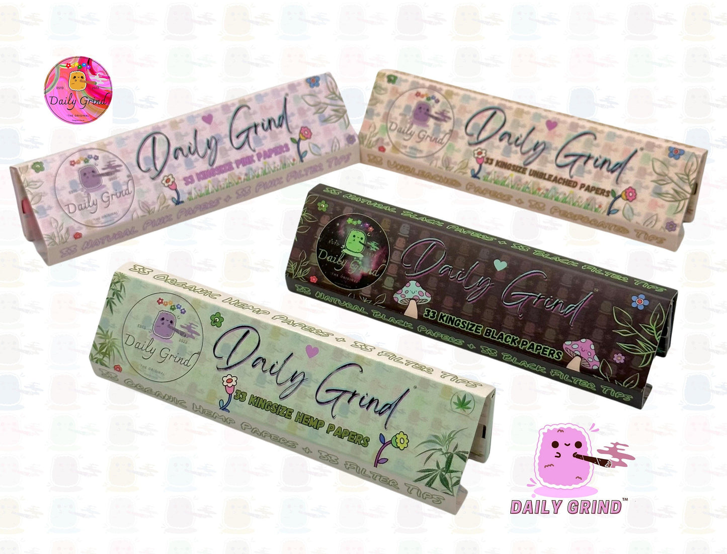 Daily Grind™ Pink Kingsize Rolling Papers with Roach Tips - High Quality, Super Cute! 33 Leaves + Filter Card.  Gift