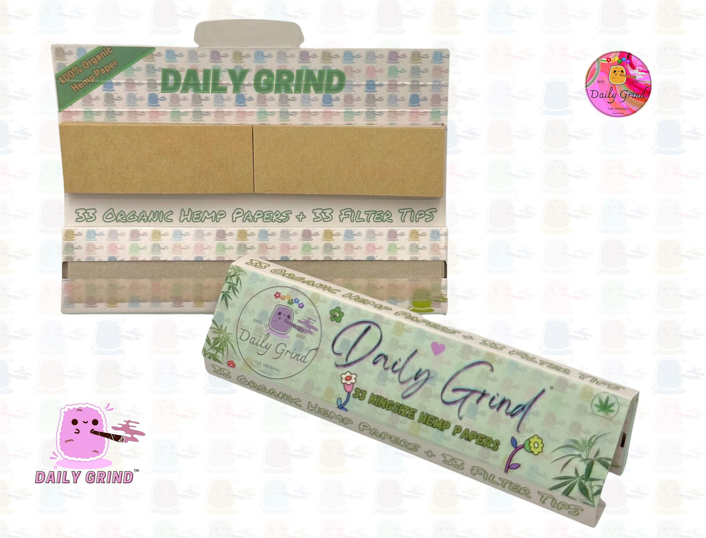 Daily Grind™ Hemp Kingsize Rolling Papers with Roach Tips - High Quality, Super Cute! 33 Leaves + Filter Card.  Gift