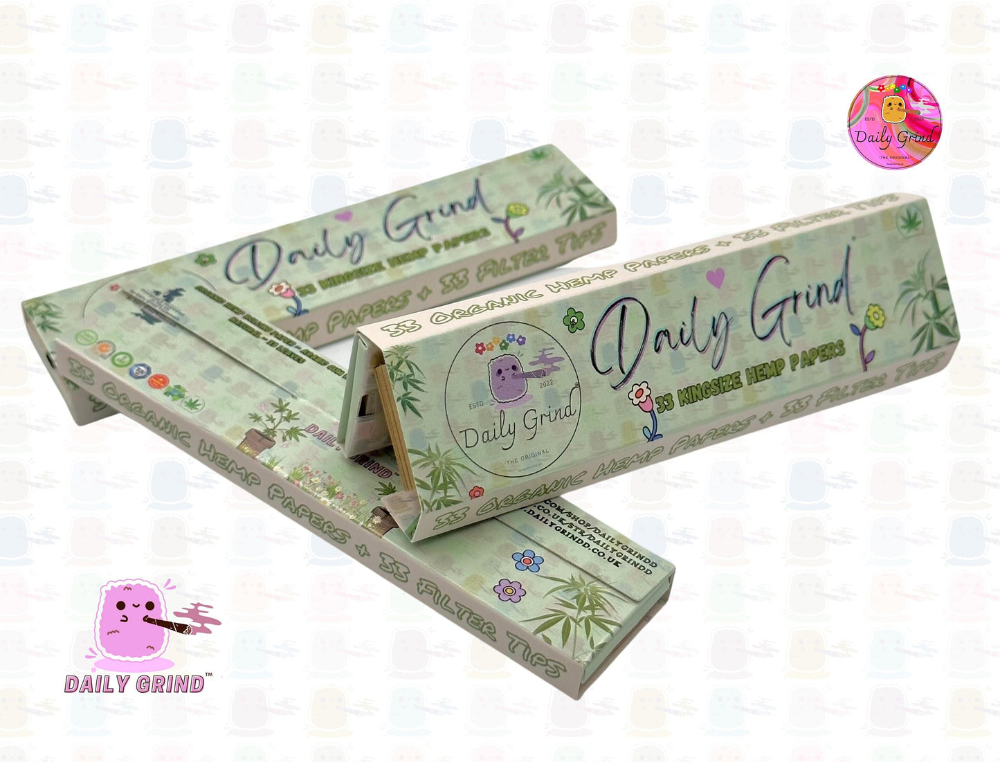 Daily Grind™ Hemp Kingsize Rolling Papers with Roach Tips - High Quality, Super Cute! 33 Leaves + Filter Card.  Gift