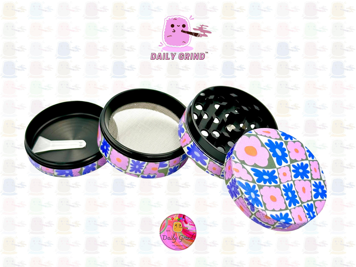 60's & 70's Cute Flower Power Pink Purple Pattern - 50mm 4-Piece High Quality Custom Metal Kitchen Herb Grinder Gift Idea