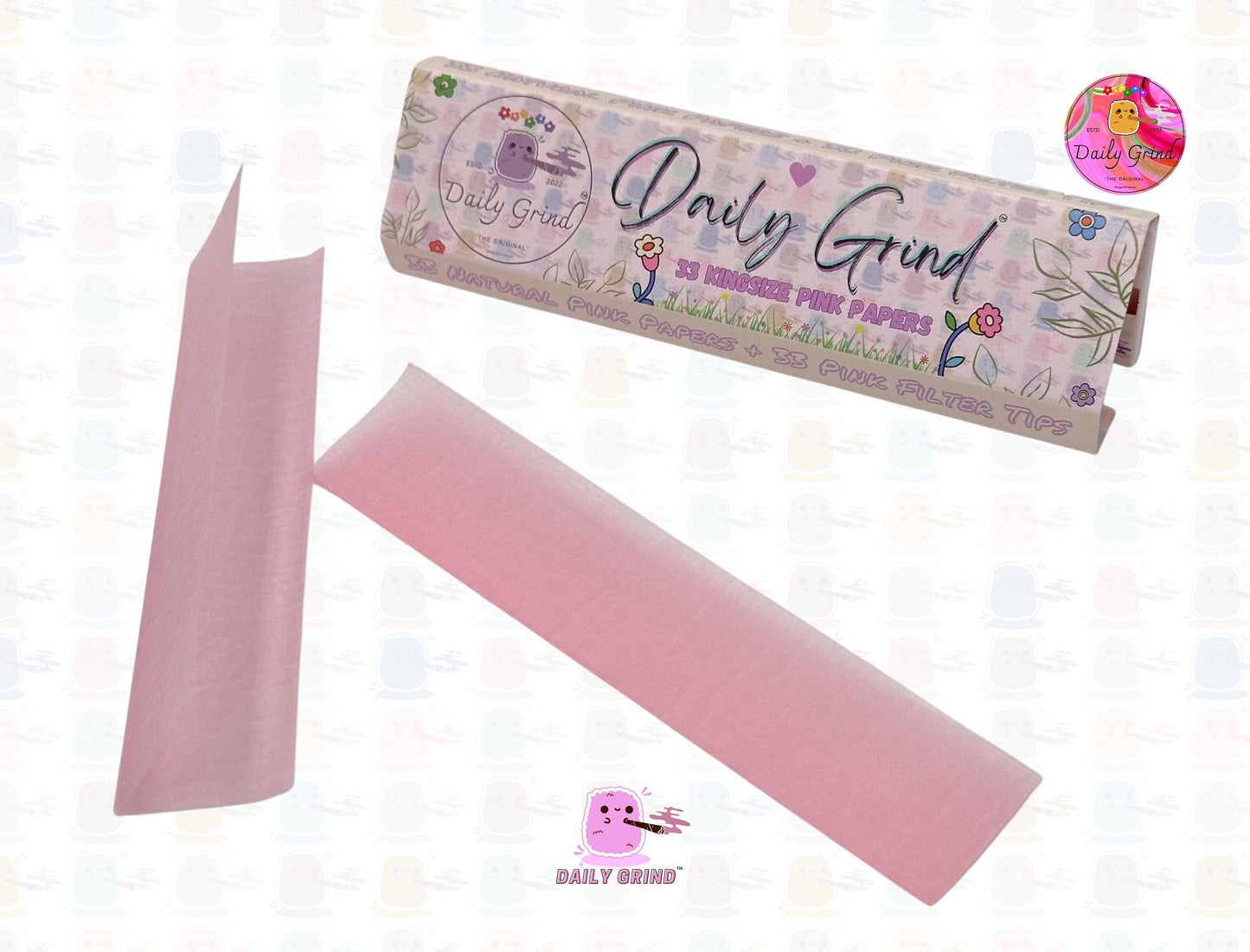 Daily Grind™ Pink Kingsize Rolling Papers with Roach Tips - High Quality, Super Cute! 33 Leaves + Filter Card.  Gift