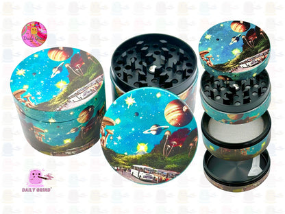 Space Diner 1950's Mushrooms Planets Design 50mm 4-Piece High Quality Custom Metal Kitchen Herb Grinder Gift Idea