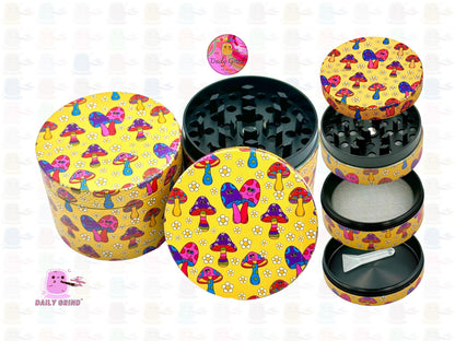 Cute Friendly Mushrooms Happy Flowers Yellow - 50mm 4-Piece High Quality Custom Metal Kitchen Herb Grinder Gift Idea