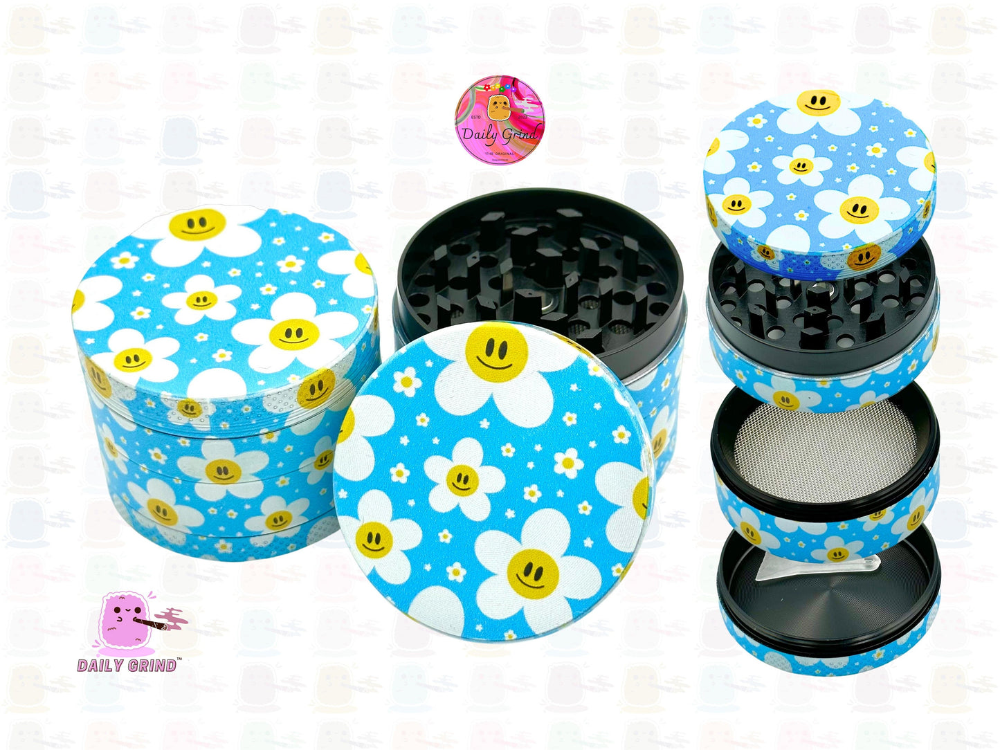 Cute Daisy Flowers Happy Design - 50mm 4-Piece High Quality Custom Metal Kitchen Herb Grinder Gift Idea