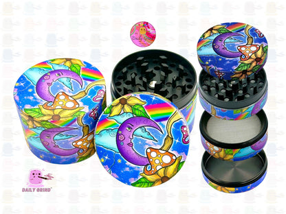 Colourful Trippy Moon Mushroom Rainbow Trippy - 50mm 4-Piece High Quality Custom Metal Kitchen Herb Grinder Gift Idea