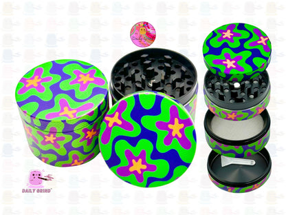 Trippy Star Colourful Cute 60's 70's Flower Power Design - 50mm 4-Piece High Quality Custom Metal Kitchen Herb Grinder Gift Idea