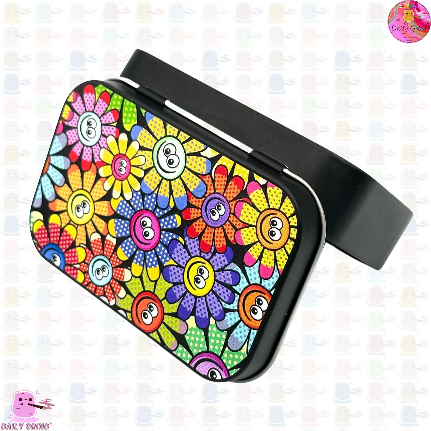 Colourful Smile Flowers Cute 60s 70s Flower Power 1oz Black / Crystal / Jewellery / Coins / Bits & Pieces / Hide / Money / Make-Up 1oz Black Hinge Lid Tin Box Gift - 9.5 x 6.2 x 2 cm - Cute Funny Metal Organiser Gift Idea