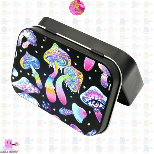 Dripping Colourful Trippy Mushrooms Florescent 1oz Black / Crystal / Jewellery / Coins / Bits & Pieces / Hide / Money / Make-Up 1oz Black Hinge Lid Tin Box Gift - 9.5 x 6.2 x 2 cm - Cute Funny Metal Organiser Gift Idea