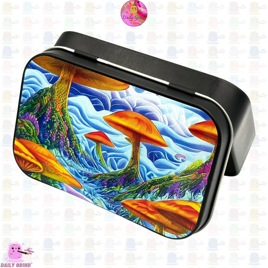 Mushroom World Land Dystopia Design 2oz Tabaco Negro / Píldora / Baccy / Stash / Monedas / Cristales / Joyería Bisagra Tapa Lata Regalo