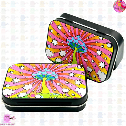 Hippy Mushroom Hallucinogenic Cartoon Design 1oz Black / Crystal / Jewellery / Coins / Bits & Pieces / Hide / Money / Make-Up 1oz Black Hinge Lid Tin Box Gift - 9.5 x 6.2 x 2 cm - Cute Funny Metal Organiser Gift Idea