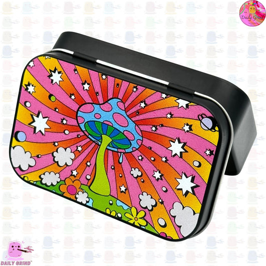 Hippy Mushroom Hallucinogenic Cartoon Design 1oz Black / Crystal / Jewellery / Coins / Bits & Pieces / Hide / Money / Make-Up 1oz Black Hinge Lid Tin Box Gift - 9.5 x 6.2 x 2 cm - Cute Funny Metal Organiser Gift Idea