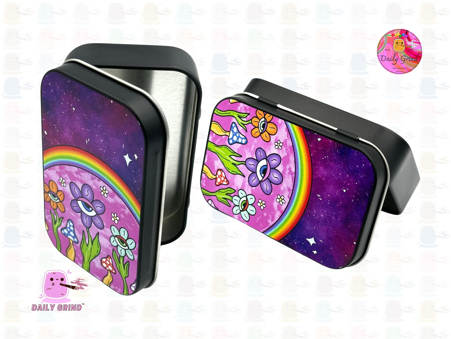 Cute Purple Flowers Rainbow Eyes Kawaii 1oz Black / Crystal / Jewellery / Coins / Bits & Pieces / Hide / Money / Make-Up 1oz Black Hinge Lid Tin Box Gift - 9.5 x 6.2 x 2 cm - Cute Funny Metal Organiser Gift Idea