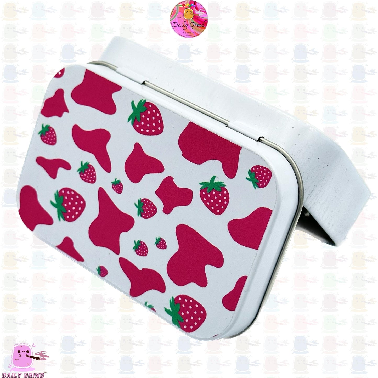 Strawberry Cow Print Cute 1oz White / Crystal / Jewellery / Coins / Bits & Pieces / Hide / Money / Make-Up 1oz Black Hinge Lid Tin Box Gift - 9.5 x 6.2 x 2 cm - Cute Funny Metal Organiser Gift Idea