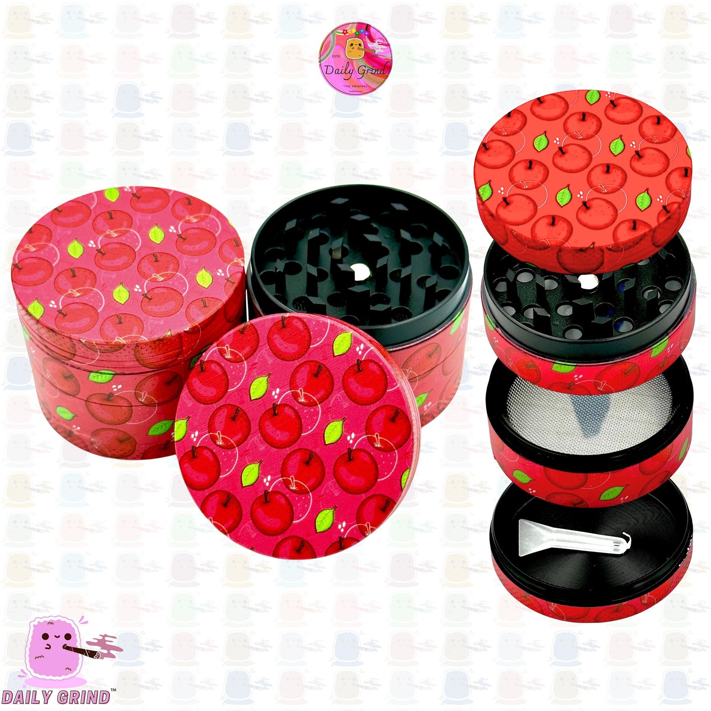 Red Apple Juicy Fruit Candy Cute Cartoon Design - 50mm 4-Piece High Quality Custom Metal Kitchen Herb Grinder Gift Idea