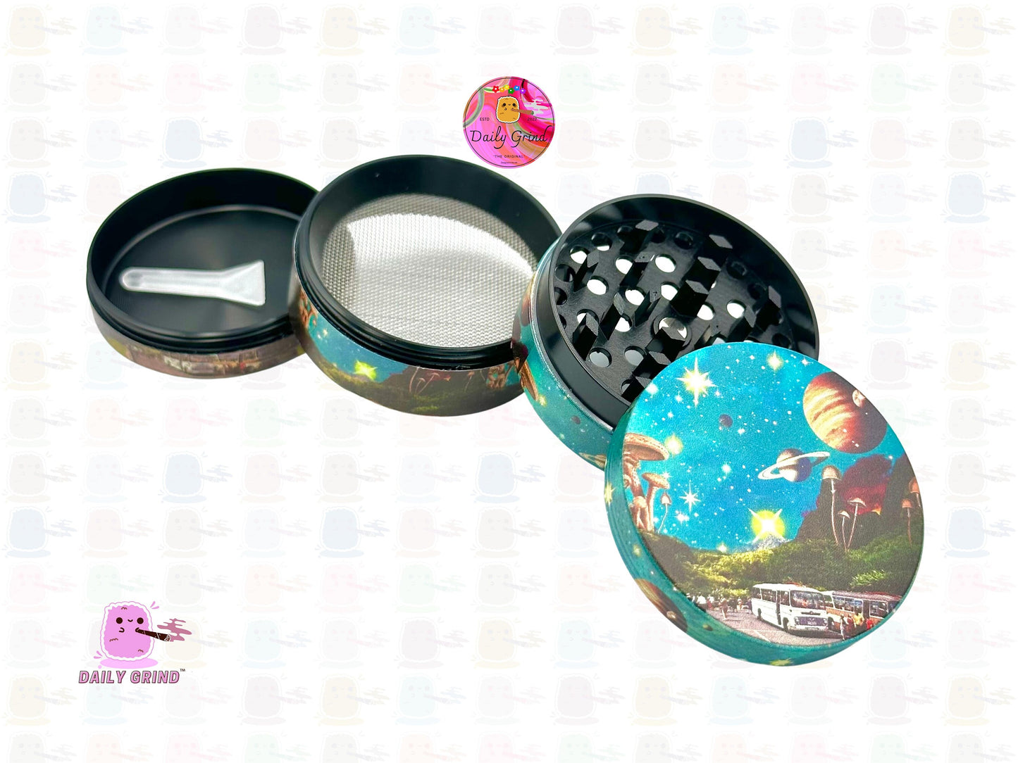 Space Diner 1950's Mushrooms Planets Design 50mm 4-Piece High Quality Custom Metal Kitchen Herb Grinder Gift Idea