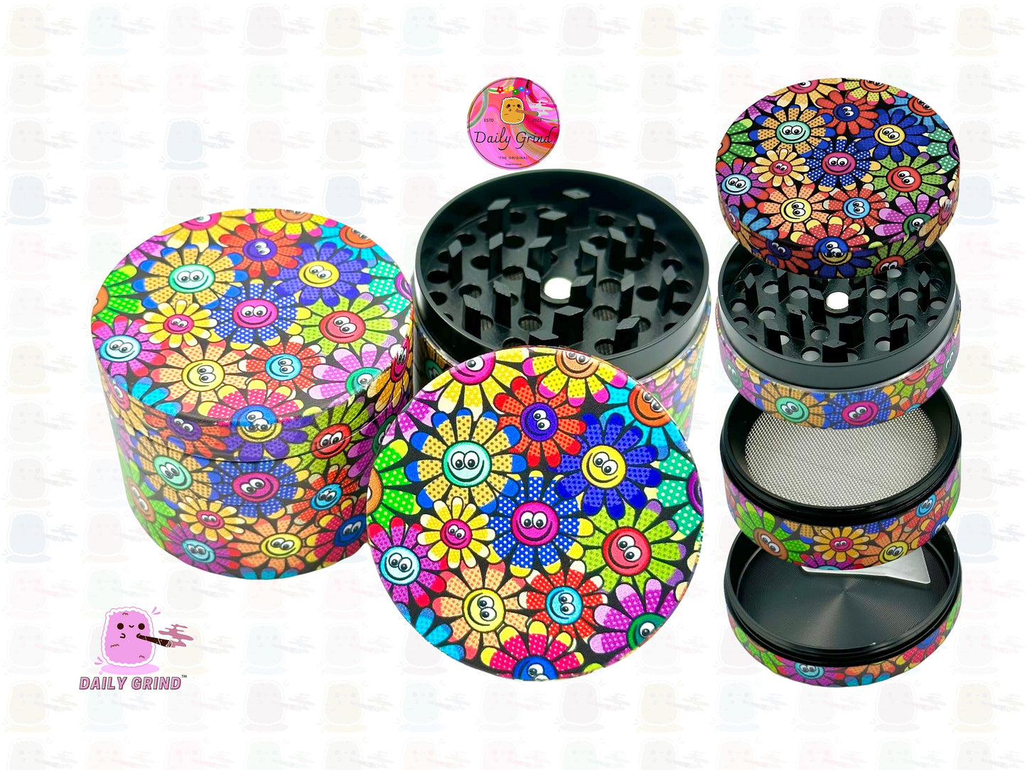 Smile Face Cute Colourful Flowers 60's 70's Design - 50mm 4-Piece High Quality Custom Metal Kitchen Herb Grinder Gift Idea