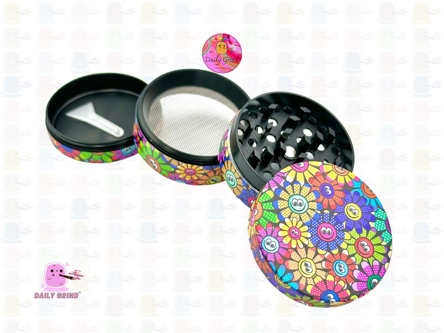 Smile Face Cute Colourful Flowers 60's 70's Design - 50mm 4-Piece High Quality Custom Metal Kitchen Herb Grinder Gift Idea