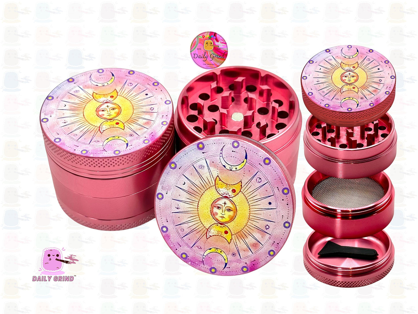 Sun+Moon Pink Aluminium Cute Astrology - 50mm 4-Piece High Quality Custom Kitchen Herb Grinder Gift Idea