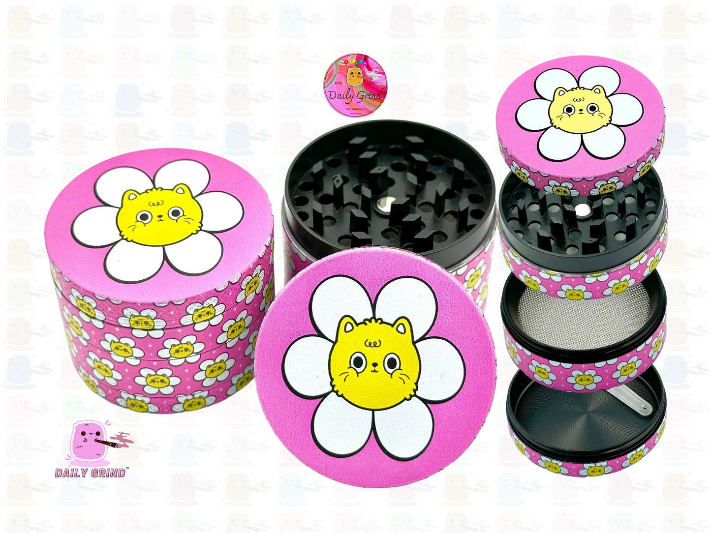 Cute Cat in a Flower Kawaii Pink Daisy Design - 50mm 4-Piece High Quality Custom Metal Kitchen Herb Grinder Gift Idea