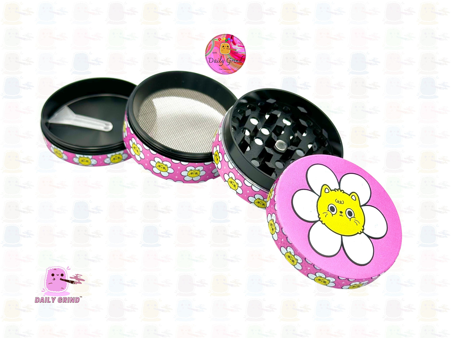 Cute Cat in a Flower Kawaii Pink Daisy Design - 50mm 4-Piece High Quality Custom Metal Kitchen Herb Grinder Gift Idea