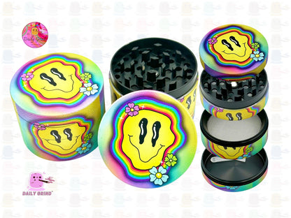 Wavy Smile Face Colourful Hallucinogenic Flowers Design - 50mm 4-Piece High Quality Custom Metal Kitchen Herb Grinder Gift Idea