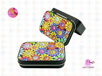 Colourful Smile Flowers Cute 60s 70s Flower Power 1oz Black / Crystal / Jewellery / Coins / Bits & Pieces / Hide / Money / Make-Up 1oz Black Hinge Lid Tin Box Gift - 9.5 x 6.2 x 2 cm - Cute Funny Metal Organiser Gift Idea