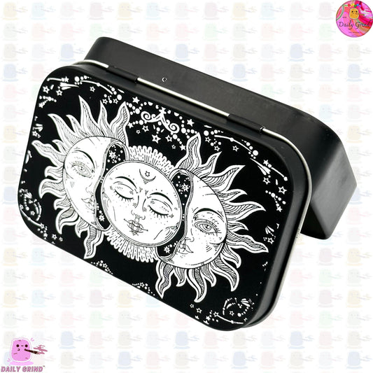 Sun + Moon Astrology Calming Peaceful Design 1oz Black / Crystal / Jewellery / Coins / Bits & Pieces / Hide / Money / Make-Up 1oz Black Hinge Lid Tin Box Gift - 9.5 x 6.2 x 2 cm - Cute Funny Metal Organiser Gift Idea