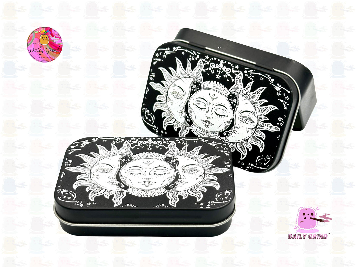 Sun + Moon Astrology Calming Peaceful Design 1oz Black / Crystal / Jewellery / Coins / Bits & Pieces / Hide / Money / Make-Up 1oz Black Hinge Lid Tin Box Gift - 9.5 x 6.2 x 2 cm - Cute Funny Metal Organiser Gift Idea