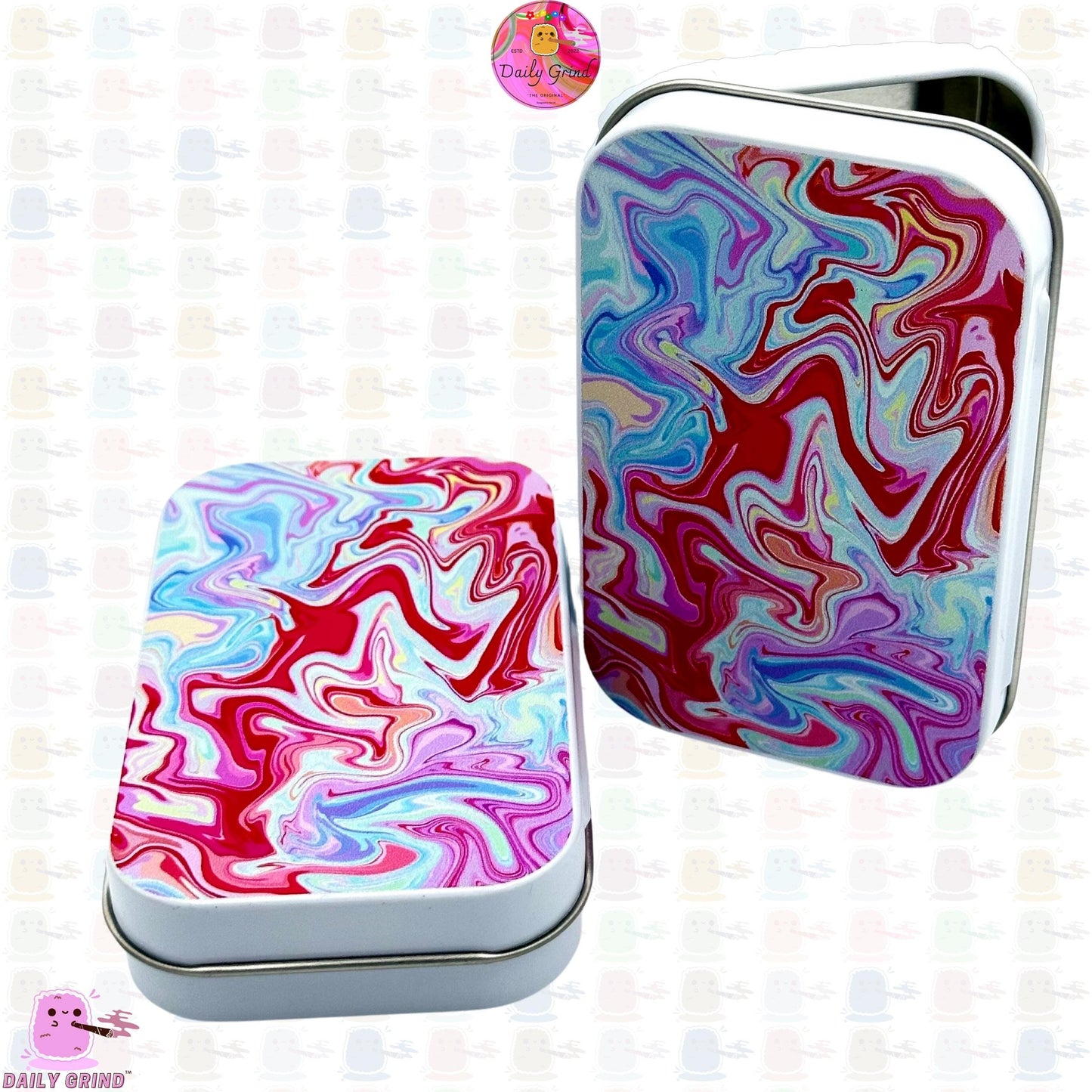 Liquid Metal Pastel Tie Dye Colourful Red Blue 1oz White / Crystal / Jewellery / Coins / Bits & Pieces / Hide / Money / Make-Up 1oz Black Hinge Lid Tin Box Gift - 9.5 x 6.2 x 2 cm - Cute Funny Metal Organiser Gift Idea