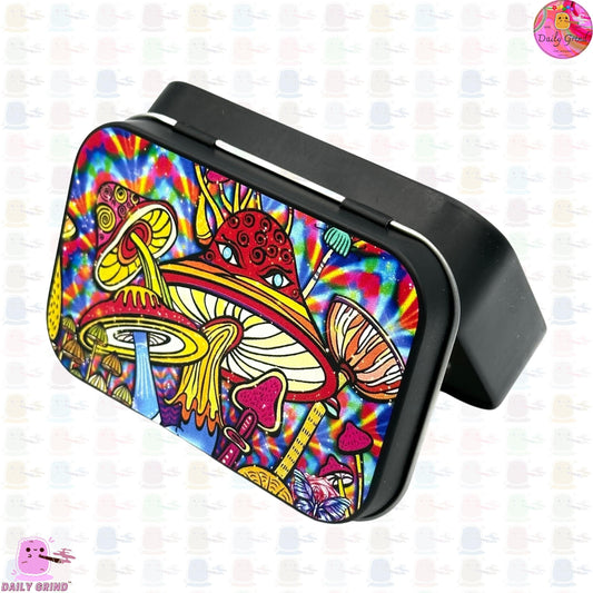 Colourful Mushroom Face Cartoon Design 1oz Black / Crystal / Jewellery / Coins / Bits & Pieces / Hide / Money / Make-Up 1oz Black Hinge Lid Tin Box Gift - 9.5 x 6.2 x 2 cm - Cute Funny Metal Organiser Gift Idea