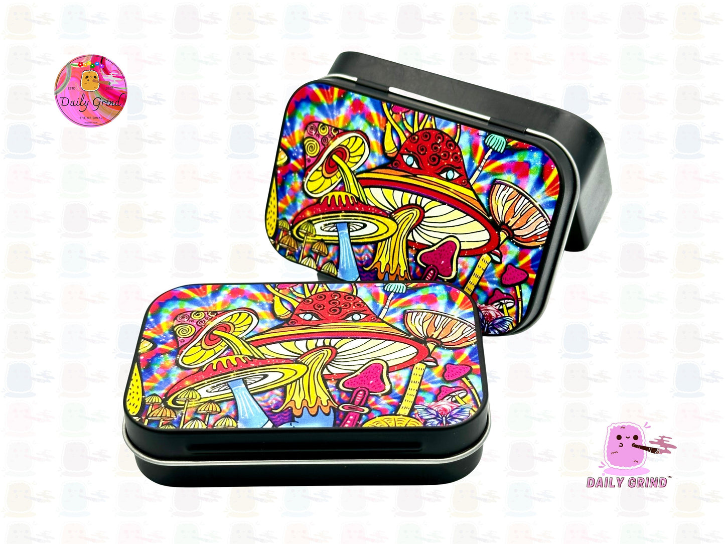 Colourful Mushroom Face Cartoon Design 1oz Black / Crystal / Jewellery / Coins / Bits & Pieces / Hide / Money / Make-Up 1oz Black Hinge Lid Tin Box Gift - 9.5 x 6.2 x 2 cm - Cute Funny Metal Organiser Gift Idea