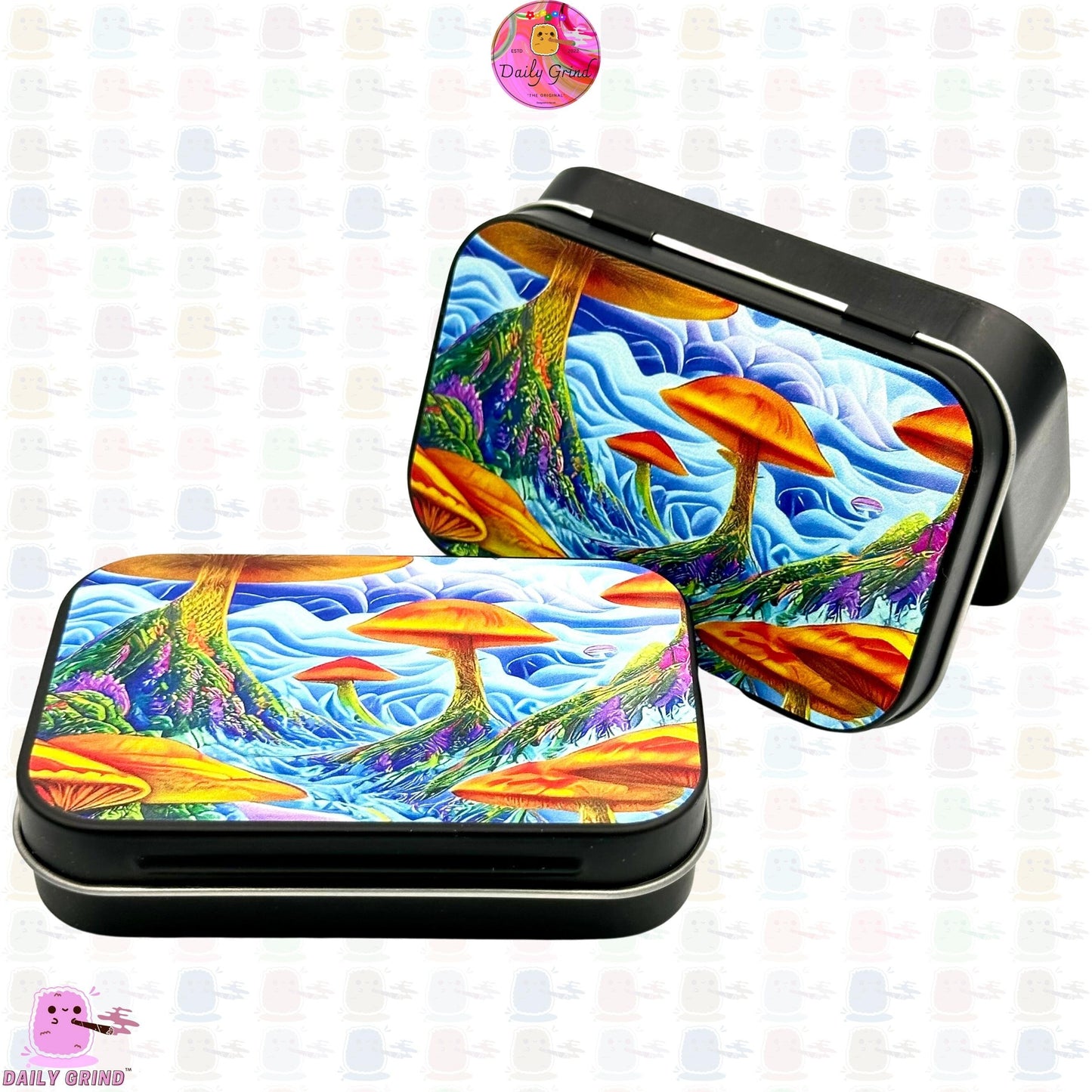 Mushroom World Land Dystopia Design 1oz Black / Crystal / Jewellery / Coins / Bits & Pieces / Hide / Money / Make-Up 1oz Black Hinge Lid Tin Box Gift - 9.5 x 6.2 x 2 cm - Cute Funny Metal Organiser Gift Idea