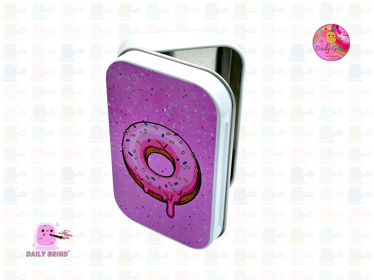 Pink Frosted Doughnut with Sprinkles Cute Design 1oz White / Crystal / Jewellery / Coins / Bits & Pieces / Hide / Money / Make-Up 1oz Black Hinge Lid Tin Box Gift - 9.5 x 6.2 x 2 cm - Cute Funny Metal Organiser Gift Idea