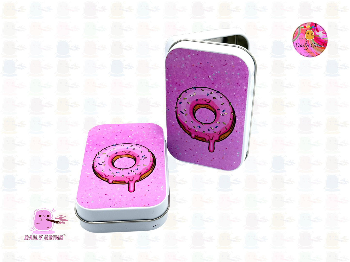 Pink Frosted Doughnut with Sprinkles Cute Design 1oz White / Crystal / Jewellery / Coins / Bits & Pieces / Hide / Money / Make-Up 1oz Black Hinge Lid Tin Box Gift - 9.5 x 6.2 x 2 cm - Cute Funny Metal Organiser Gift Idea