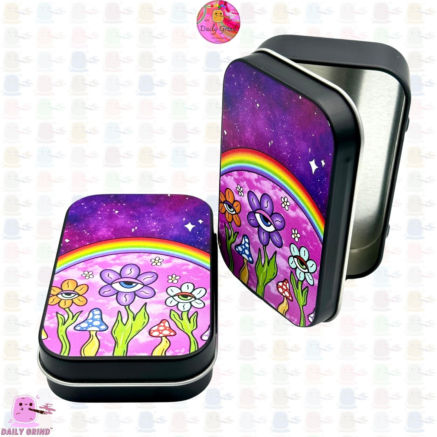 Cute Purple Flowers Rainbow Eyes Kawaii 1oz Black / Crystal / Jewellery / Coins / Bits & Pieces / Hide / Money / Make-Up 1oz Black Hinge Lid Tin Box Gift - 9.5 x 6.2 x 2 cm - Cute Funny Metal Organiser Gift Idea