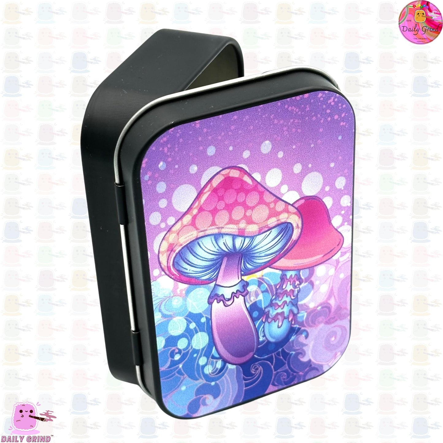 Purple Mushroom Trippy Tie Dye 1oz Black / Crystal / Jewellery / Coins / Bits & Pieces / Hide / Money / Make-Up 1oz Black Hinge Lid Tin Box Gift - 9.5 x 6.2 x 2 cm - Cute Funny Metal Organiser Gift Idea