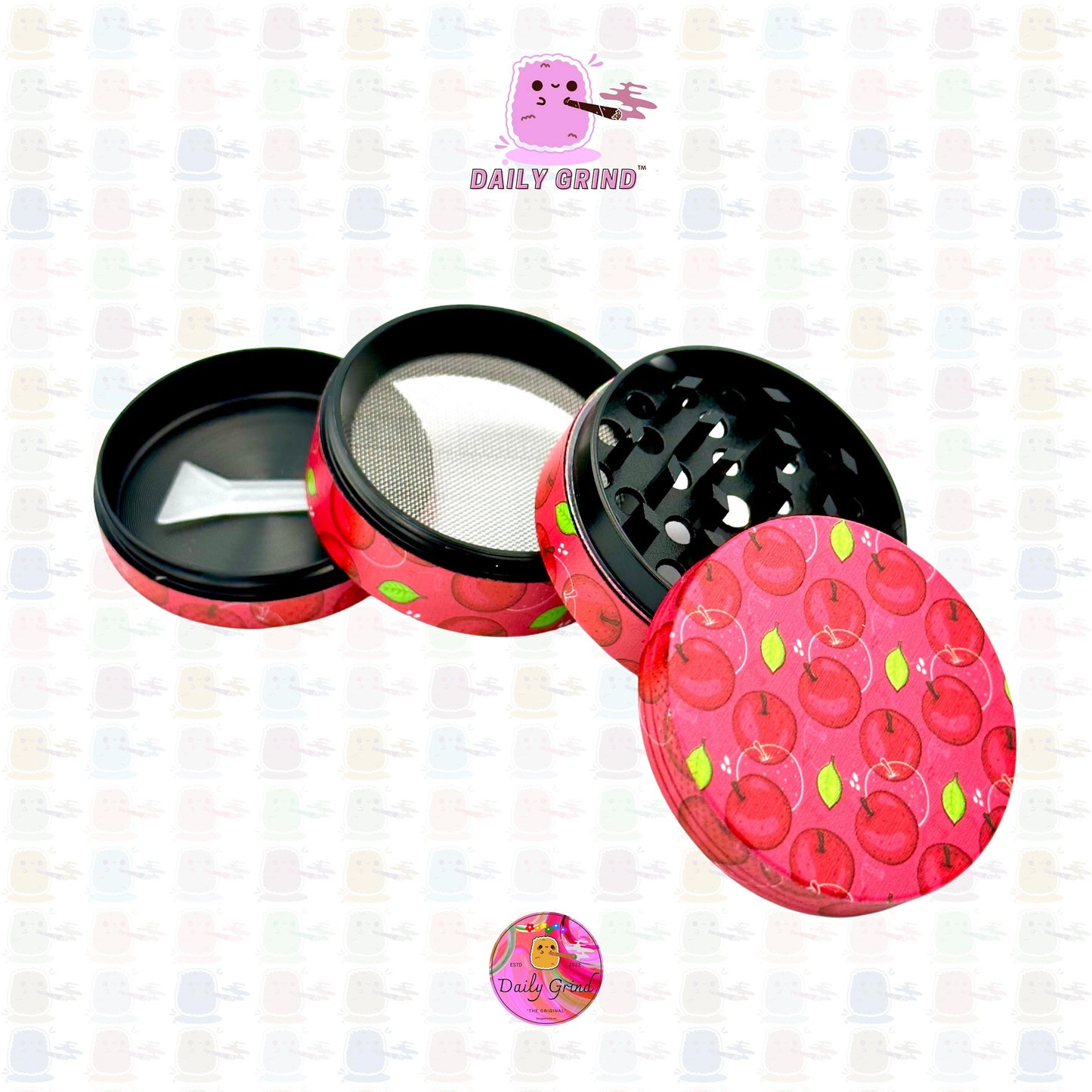 Red Apple Juicy Fruit Candy Cute Cartoon Design - 50mm 4-Piece High Quality Custom Metal Kitchen Herb Grinder Gift Idea