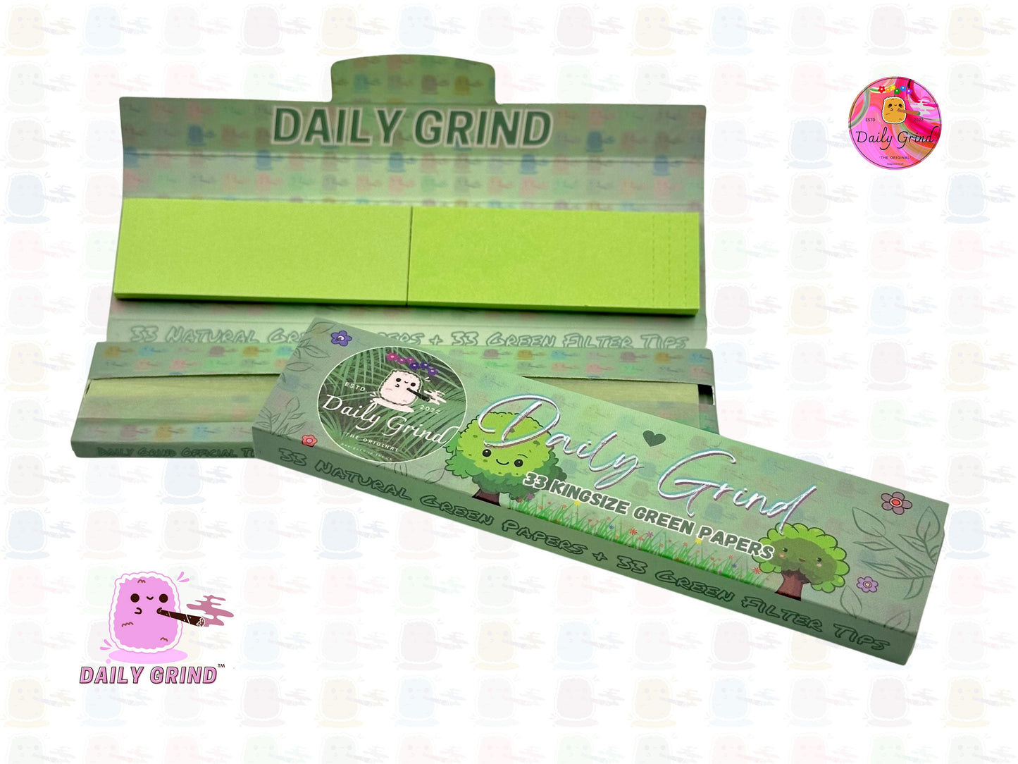 Daily Grind™ Green Kingsize Rolling Papers with Roach Tips - High Quality, Super Cute! 33 Leaves + Filter Card.