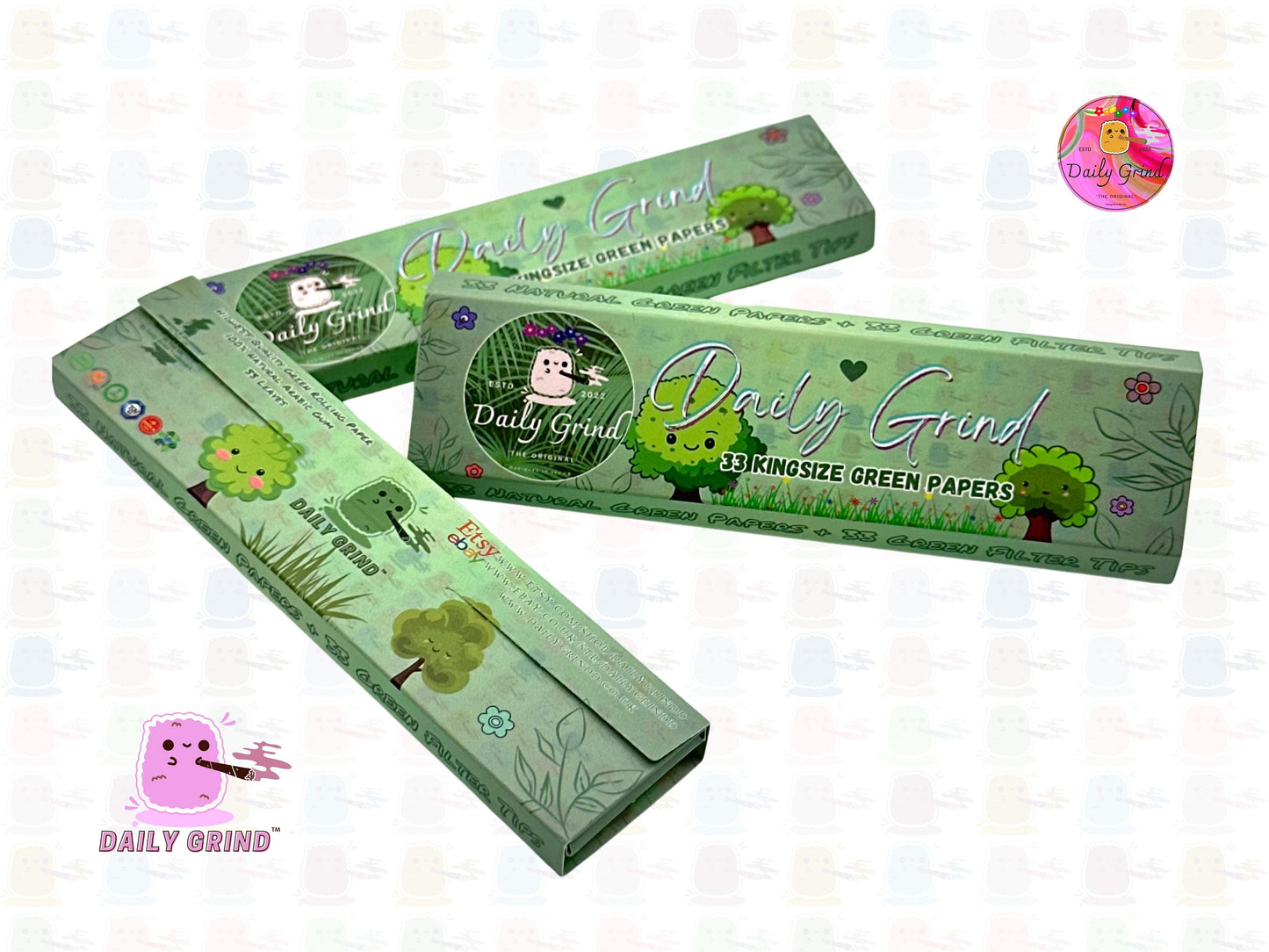 Daily Grind™ Green Kingsize Rolling Papers with Roach Tips - High Quality, Super Cute! 33 Leaves + Filter Card.