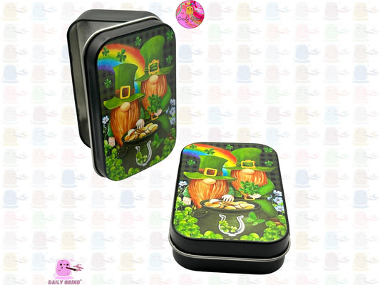 Cute Leprechaun Twins Rainbow Green 1oz Black / Crystal / Jewellery / Coins / Bits & Pieces / Hide / Money / Make-Up 1oz Black Hinge Lid Tin Box Gift - 9.5 x 6.2 x 2 cm - Cute Funny Metal Organiser Gift Idea