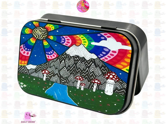 Mount Fuji Anime Cartoon Cute Art Japan 1oz Black / Crystal / Jewellery / Coins / Bits & Pieces / Hide / Money / Make-Up 1oz Black Hinge Lid Tin Box Gift - 9.5 x 6.2 x 2 cm - Cute Funny Metal Organiser Gift Idea