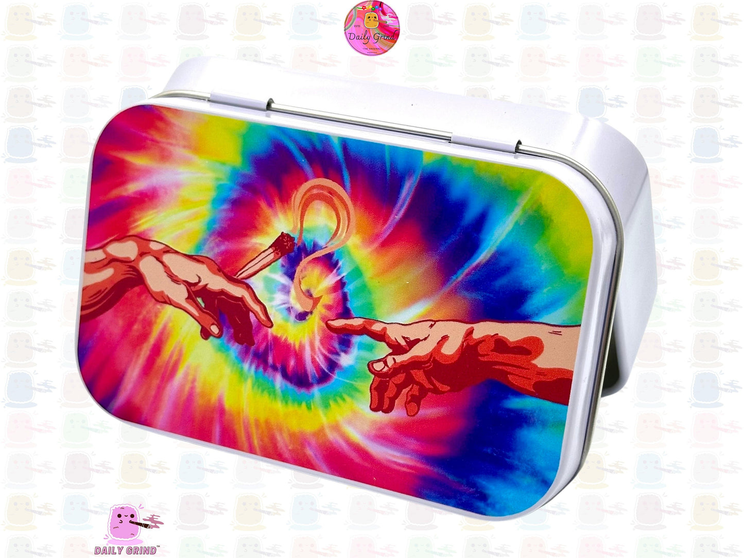 Michelangelo Sistine Chapel Tie Dye Birth of Man Art 1oz White / Crystal / Jewellery / Coins / Bits & Pieces / Hide / Money / Make-Up 1oz Black Hinge Lid Tin Box Gift - 9.5 x 6.2 x 2 cm - Cute Funny Metal Organiser Gift Idea