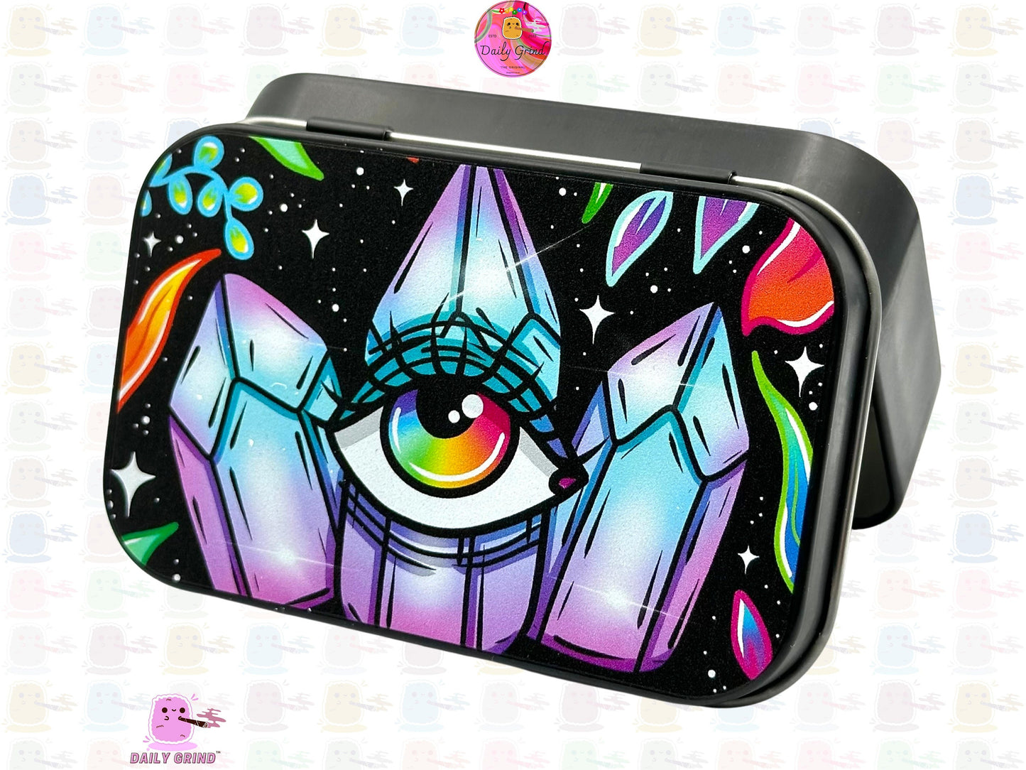 Crystal Eye Cute Colourful Energy 1oz Black / Crystal / Jewellery / Coins / Bits & Pieces / Hide / Money / Make-Up 1oz Black Hinge Lid Tin Box Gift - 9.5 x 6.2 x 2 cm - Cute Funny Metal Organiser Gift Idea