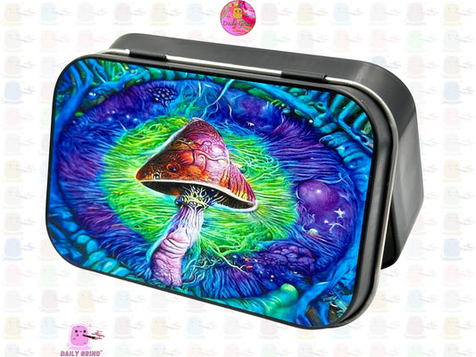 Cute Art Mushroom Purple Green Shroom 1oz Black / Crystal / Jewellery / Coins / Bits & Pieces / Hide / Money / Make-Up 1oz Black Hinge Lid Tin Box Gift - 9.5 x 6.2 x 2 cm - Cute Funny Metal Organiser Gift Idea