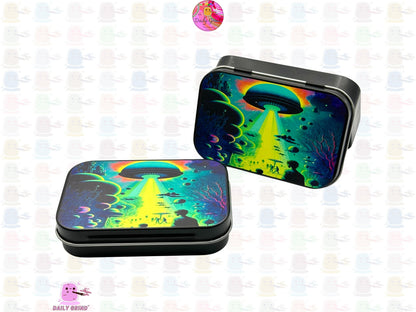 Alien Abduction UFO Green Scary 1oz Black / Crystal / Jewellery / Coins / Bits & Pieces / Hide / Money / Make-Up 1oz Black Hinge Lid Tin Box Gift - 9.5 x 6.2 x 2 cm - Cute Funny Metal Organiser Gift Idea